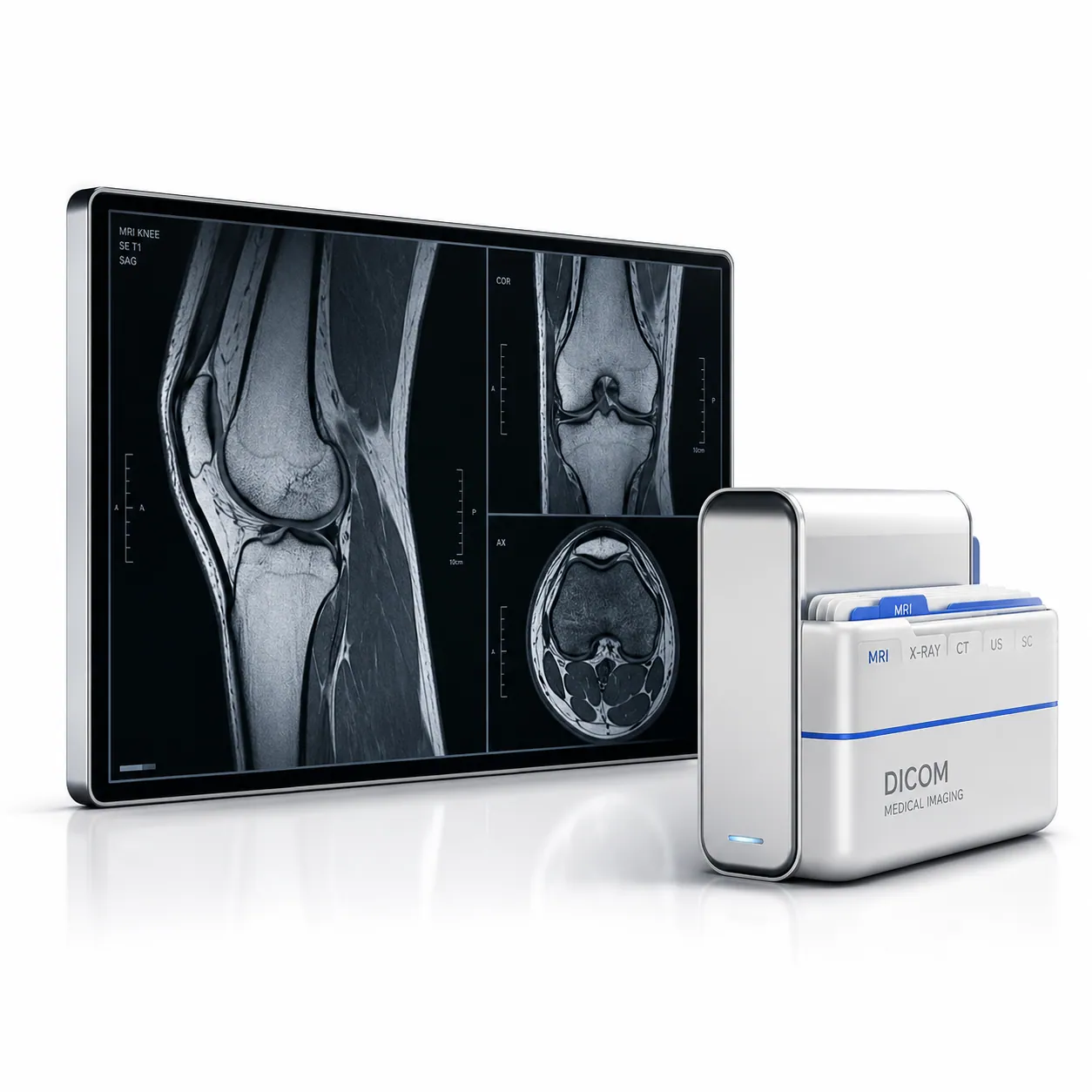 Knee MRI scans with DICOM medical imaging files prepared for physician review