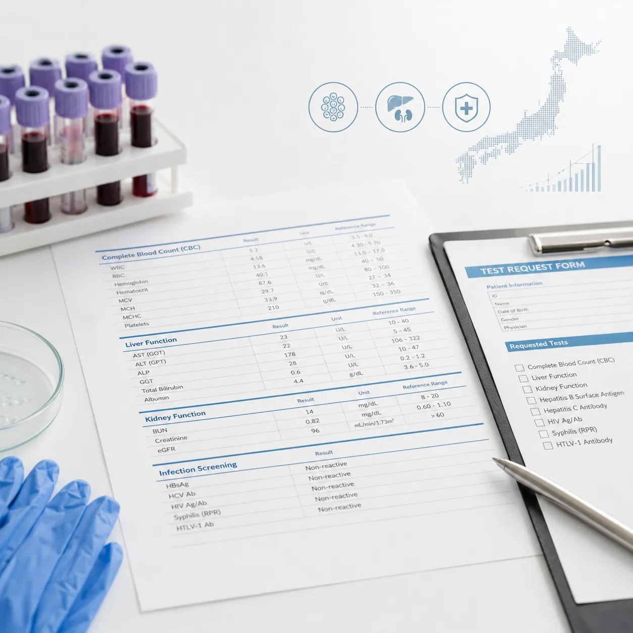 Blood test report with CBC, liver and kidney function results, infection screening, and sample tubes