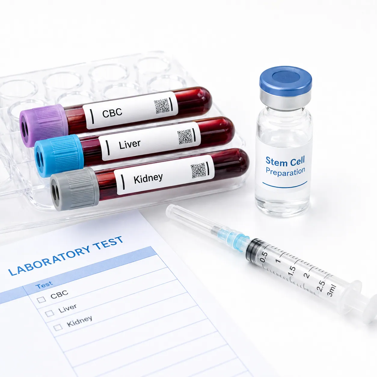Blood test tubes for CBC, liver and kidney screening before stem cell therapy in Japan