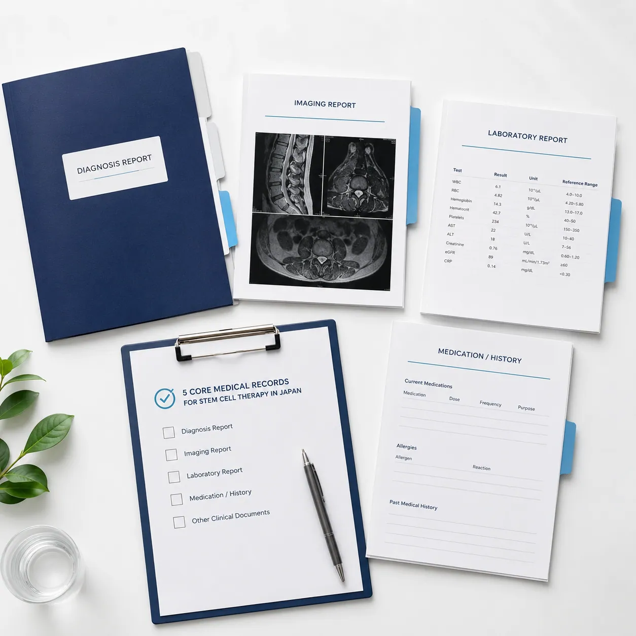 Five core medical records for stem cell therapy in Japan, including diagnosis, imaging, laboratory, and medication history documents