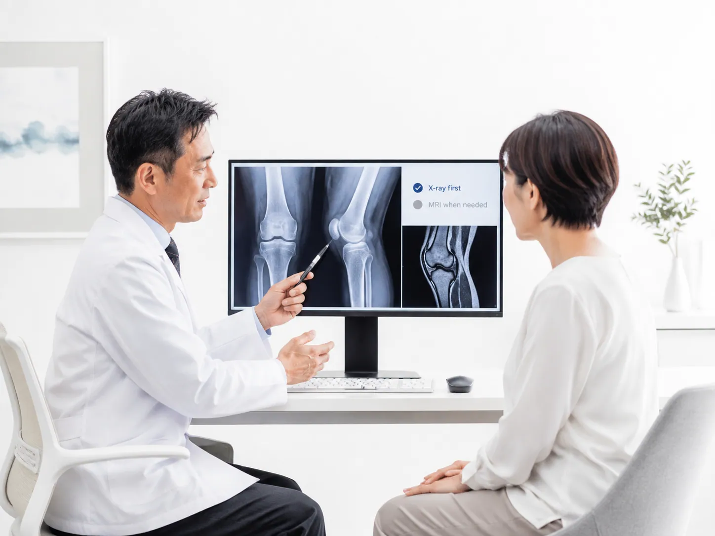 Doctor reviewing knee X-ray and MRI before stem cell treatment in Japan