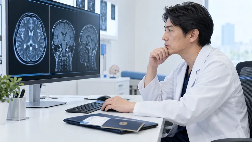 Japanese radiologist reviewing an MRI before the patient travels