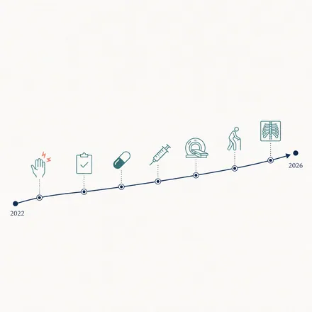 One-page patient medical history timeline from 2022 to 2026