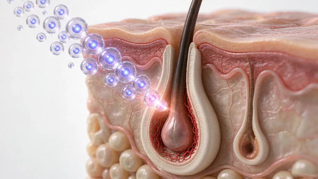 Cross-section of a scalp hair follicle with the dermal papilla bulb at its base and a cluster of stem cells near the bulge