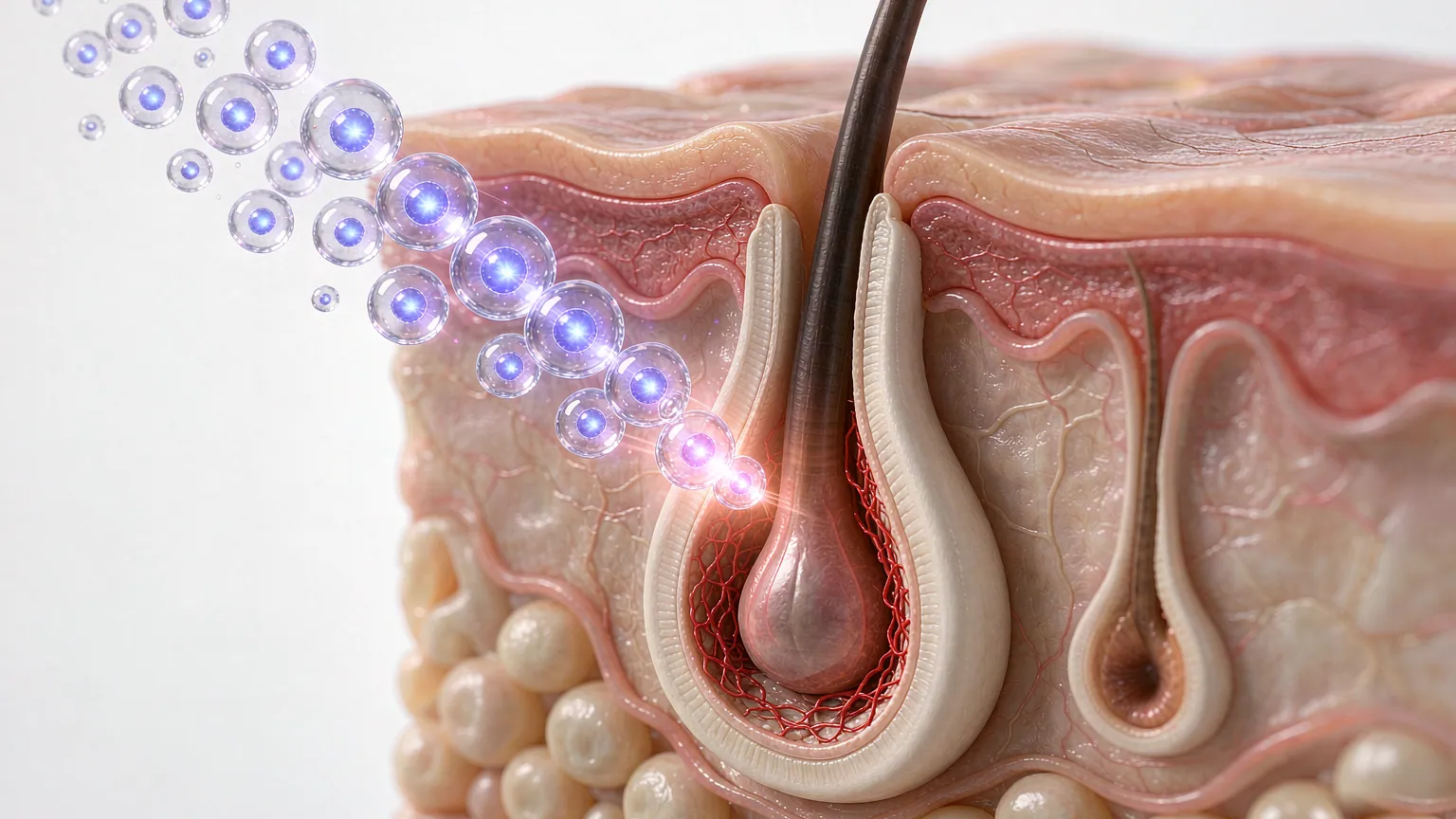 Cross-section of a scalp hair follicle with the dermal papilla bulb at its base and a cluster of stem cells near the bulge