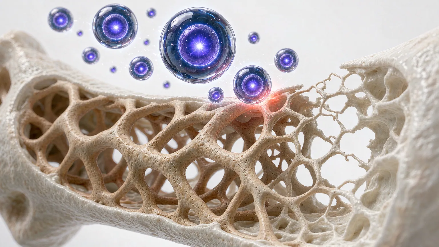 Cross-section of a bone slab with a dense trabecular lattice on one side and broken, sparse struts with a cluster of stem cells on the other