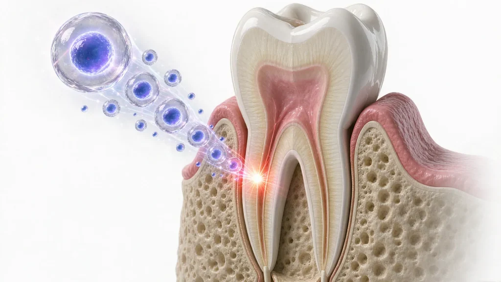 Cross-section of a molar tooth showing the pulp chamber and root canals with a cluster of stem cells inside