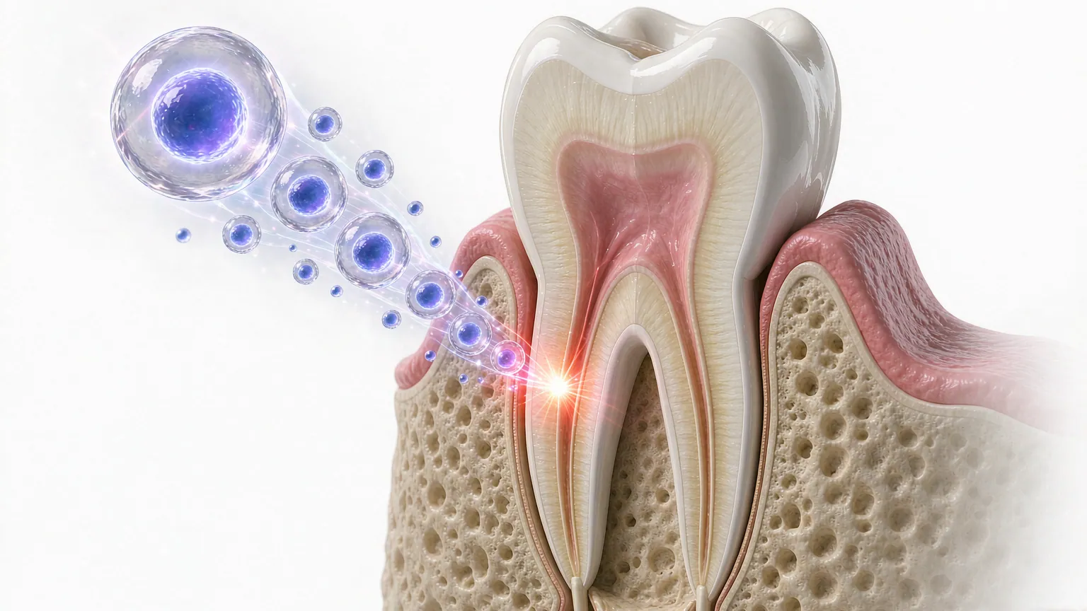 Cross-section of a molar tooth showing the pulp chamber and root canals with a cluster of stem cells inside