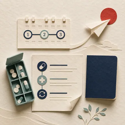 Written medication stop-and-restart schedule for medical travel to Japan