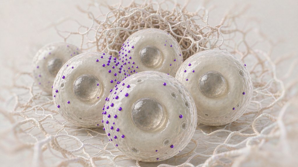 Four large human cells gathered on a pale fibrous matrix, their membranes carrying clearly different densities of violet-blue surface receptor markers