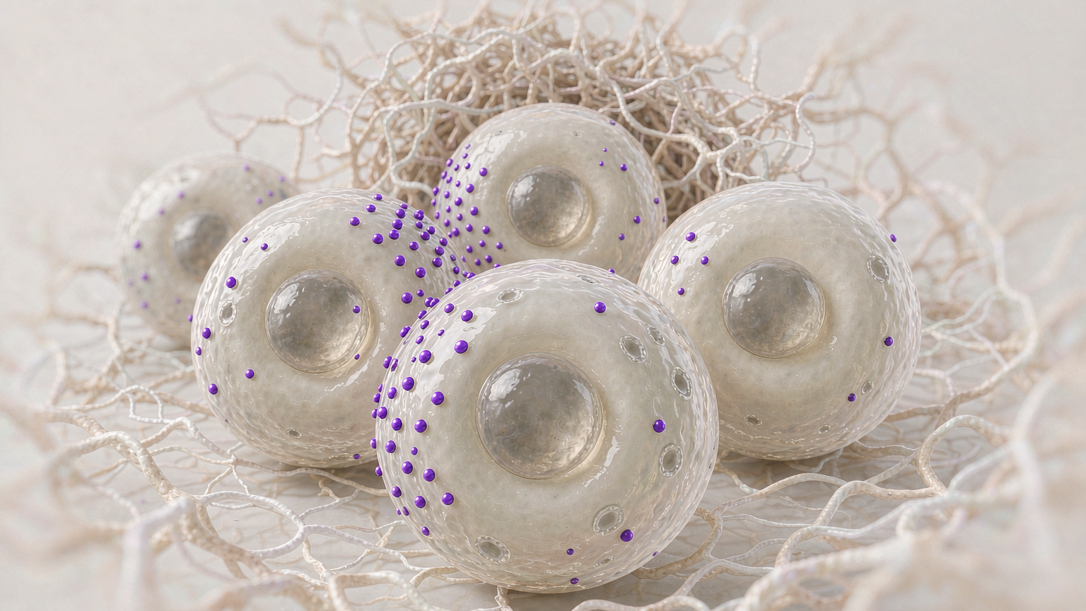 Four large human cells gathered on a pale fibrous matrix, their membranes carrying clearly different densities of violet-blue surface receptor markers
