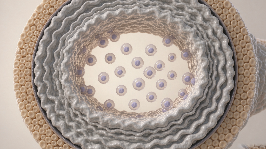 Cross-section of a small pancreatic blood vessel surrounded by a massively thickened fibrous wall, with immune cells trapped inside the lumen
