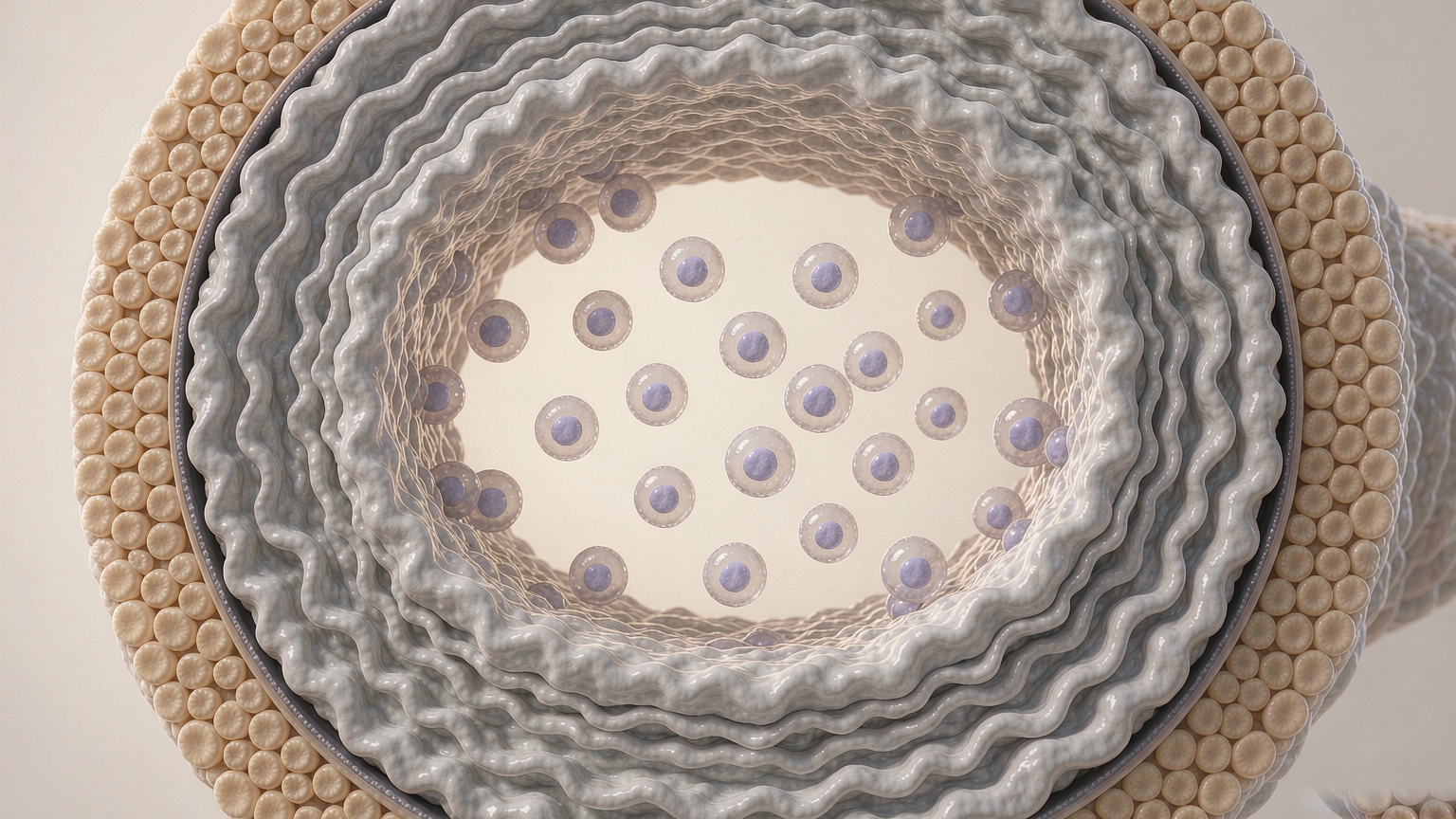 Cross-section of a small pancreatic blood vessel surrounded by a massively thickened fibrous wall, with immune cells trapped inside the lumen