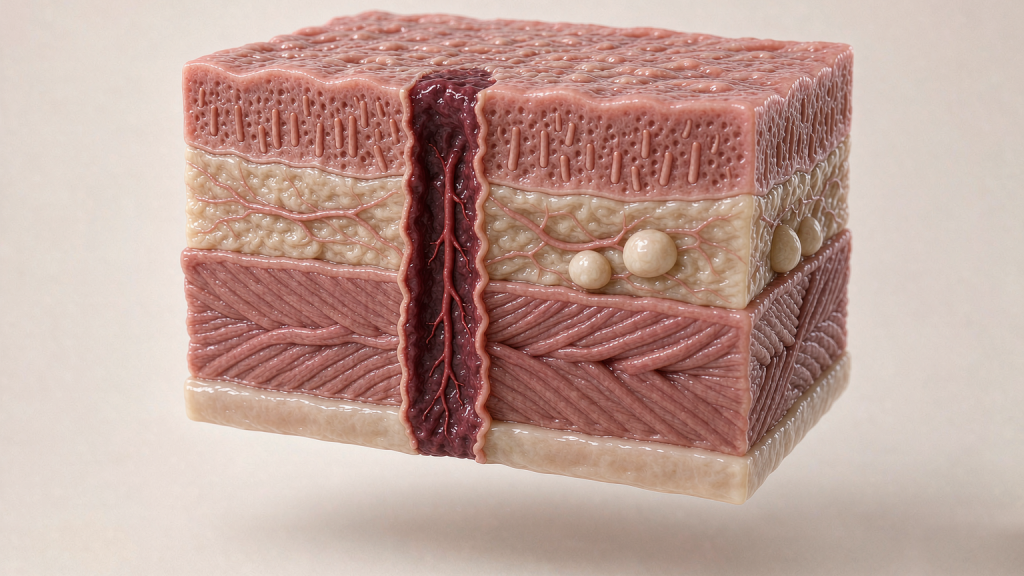 Cross-section block of the stomach wall showing the mucosal, submucosal, muscle and serosal layers, with a dark plum-red invasion column breaching downward and lymph nodes in the outer layer