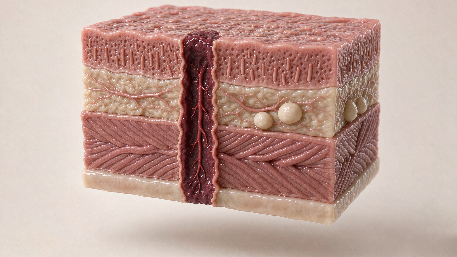 Cross-section block of the stomach wall showing the mucosal, submucosal, muscle and serosal layers, with a dark plum-red invasion column breaching downward and lymph nodes in the outer layer