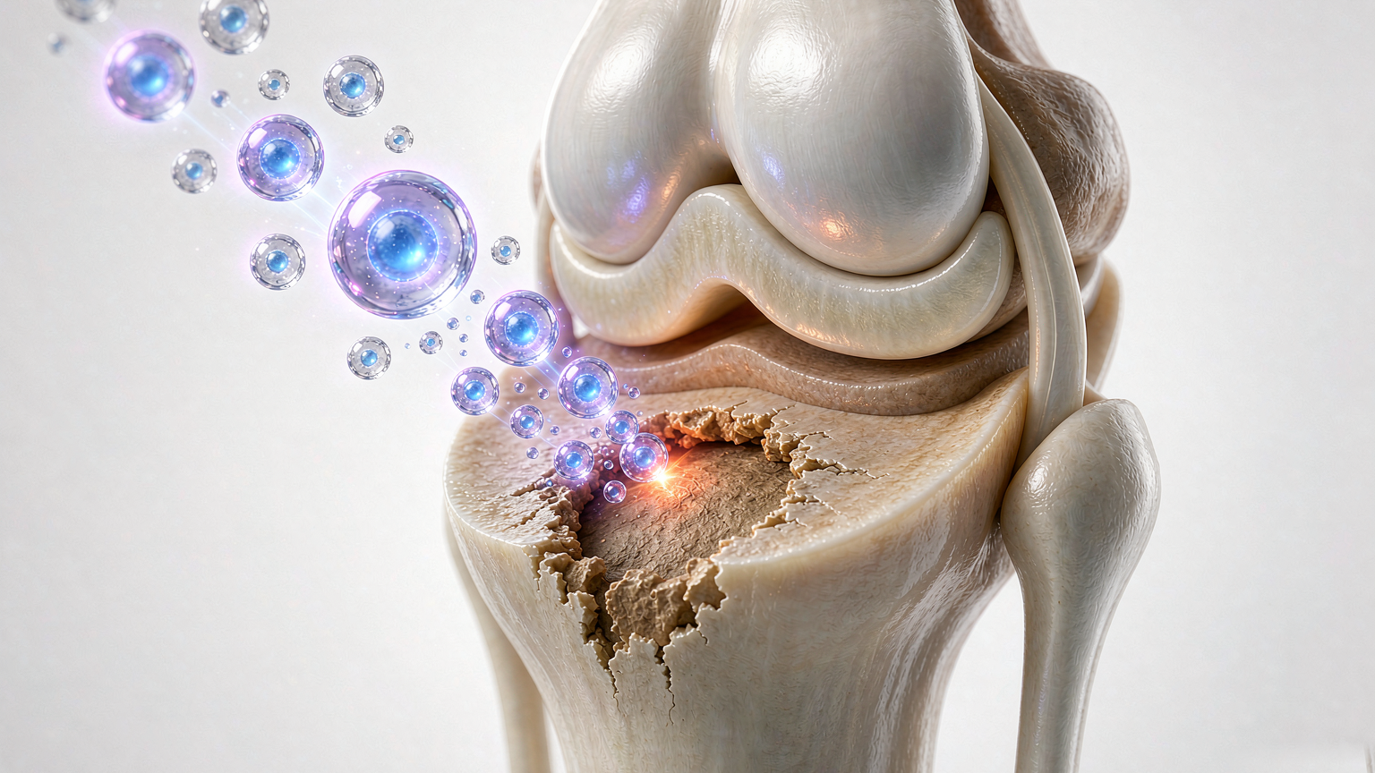 Cross-section of a knee joint showing thinned, frayed articular cartilage over the tibia with glowing stem cells arriving at the defect