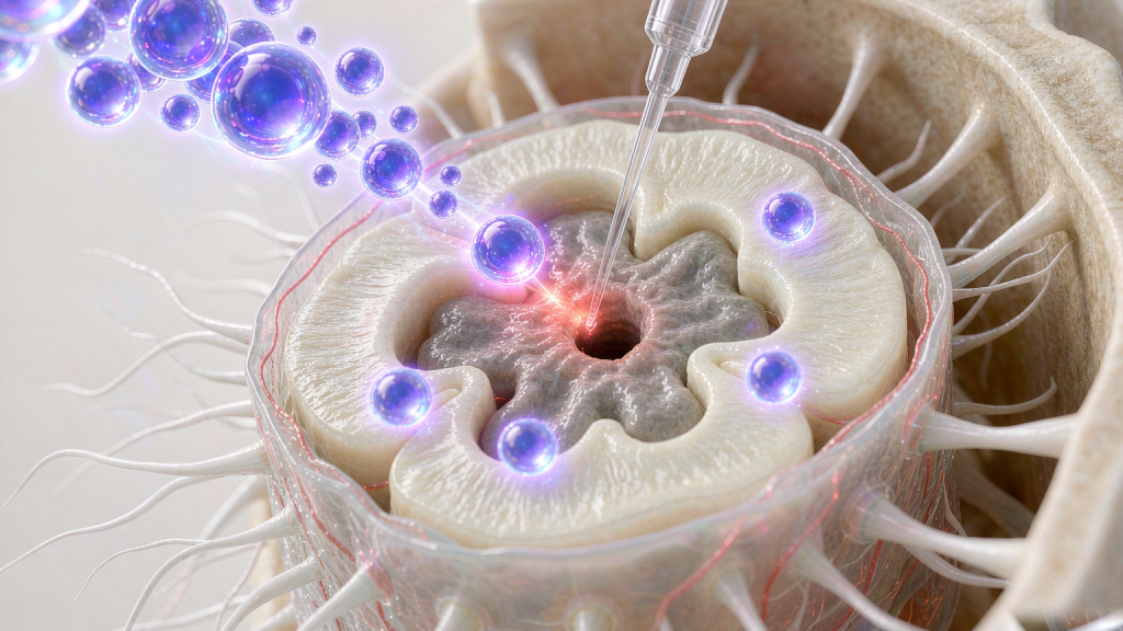 Cross-section of the cervical spinal cord showing the butterfly-shaped grey matter with a fine needle delivering glowing stem cells into it